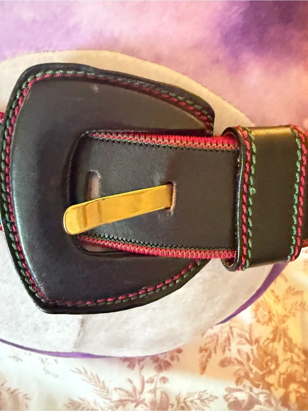 Vintage DKNY Women's Belt Size L Black Red/Green Stitch Made in Italy
